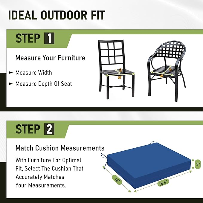 Basic Beyond Outdoor Chair Cushions Set of 2, Square Corner Outdoor Cushions for Patio Furniture, Water Resistant Patio Chair Cushions with 2 Ties, 18.5x16x3, Royal Blue