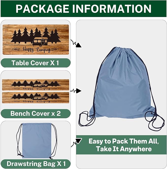 Picnic Table Cover with Bench Covers Elastic Edges, Wood Camper Fitted Table Cover, Outdoor Patio Camping Essentials 72 Inch 3PCS, Waterproof Camping Fitted Tablecloth with Drawstring Bag
