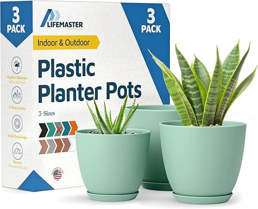 Mint Plant Pots with Drainage Holes & Saucers 3 Pack, Indoor & Outdoor Stackable Space-Saving Planters for Houseplants & Flowers, (7", 6.7", and 6" Inches), Durable & Weatherproof Materials