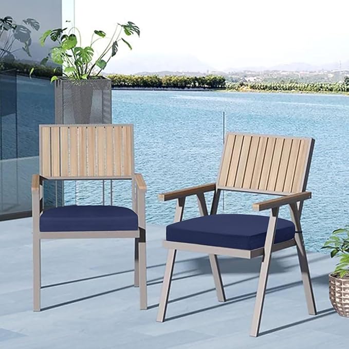 Cozyide Outdoor Chair Cushions, Waterproof Patio Seat Cushions with Adjustable Straps, Round Corner Patio Chair Cushions for Garden, Navy, 17x16x2 Inch (Pack of 2)