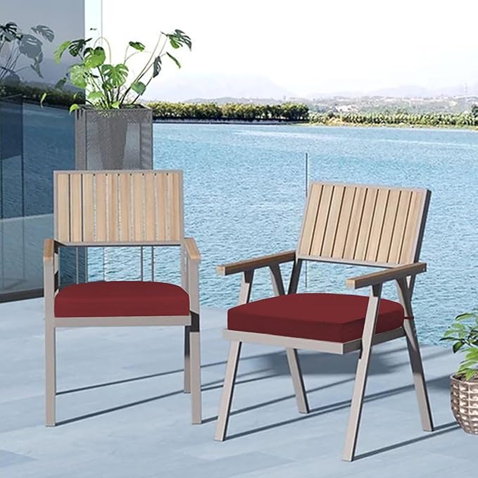 Cozyide Outdoor Chair Cushions, Waterproof Patio Seat Cushions with Adjustable Straps, Round Corner Patio Chair Cushions for Garden, Burgundy, 17x16x2 Inch (Pack of 2)
