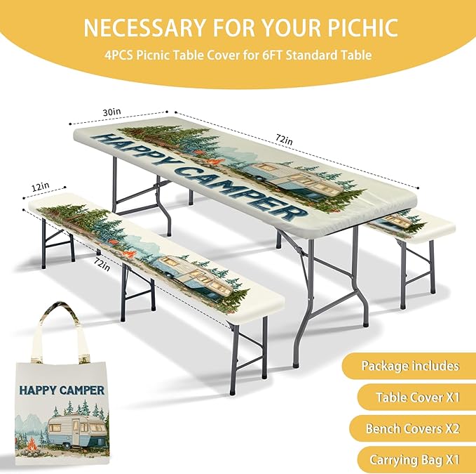 Picnic Table Cover with Bench Covers, Camping Essentials, Fitted Camping Tablecloth with Bag, Waterproof and oilproof with elastic Edge for Indoor Outdoor Patio, 72in (Forest RV)