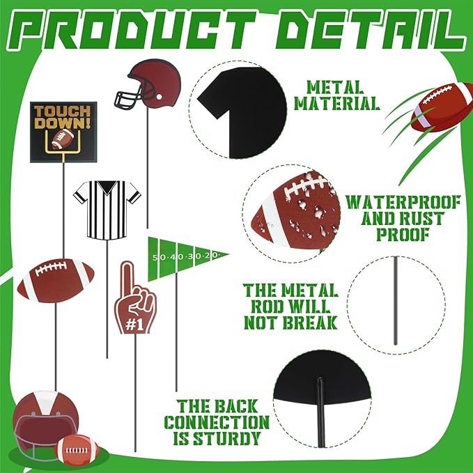 Pickmesh 6 Pcs 12" Football Yard Sign with Stakes Metal Football Helmet Garden Stake Yard Decorations Sport Party Planter Stake for Pot Walkway Pathway Garden Outdoor Decoration