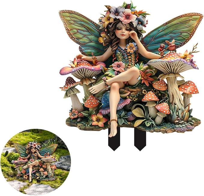 JOYO 11.8''Bohemian Fairy Flower Pot Decoration,Fairy Garden Planter Accessories,2D Acrylic Ground Plug,Fairy Pumpkin Angel Garden Stake for Pot Plants and Garden Yard Lawn Décor (P03)
