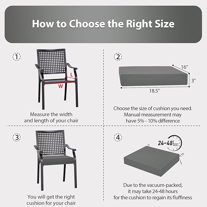 Outdoor Chair Cushions Set of 2, 18.5 x 16 Inch Patio Chair Cushions, Water Resistant, Non-Slip Ties (Dark Gray)