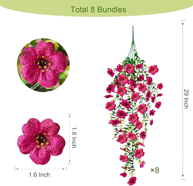 8 Pcs Fake Outdoor Artificial Flowers For Outdoors Uv Resistant, Plastic Flowers For Outdoors, Fake Hanging Plants Faux Flowers For Outdoor Planters, Silk Spring Flowers For Outside Porch（Rose Red）