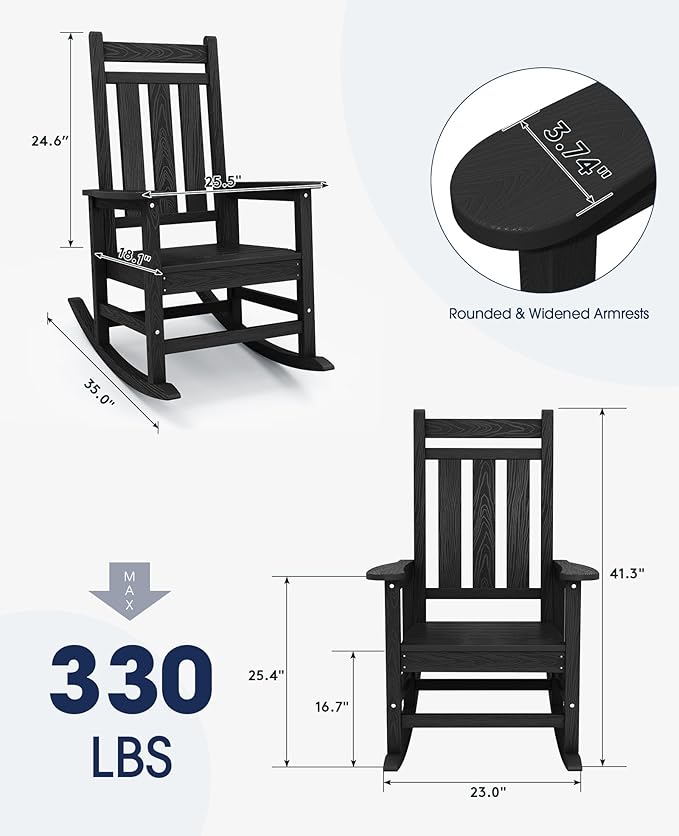 KINGYES Outdoor Rocking Chair, All-Weather Patio Rocking Chairs for Porch, HDPE Rocking Outdoor Chairs with High Back for Adult, Heavy Duty Outdoor Patio Rockers for Garden, Lawn, Black