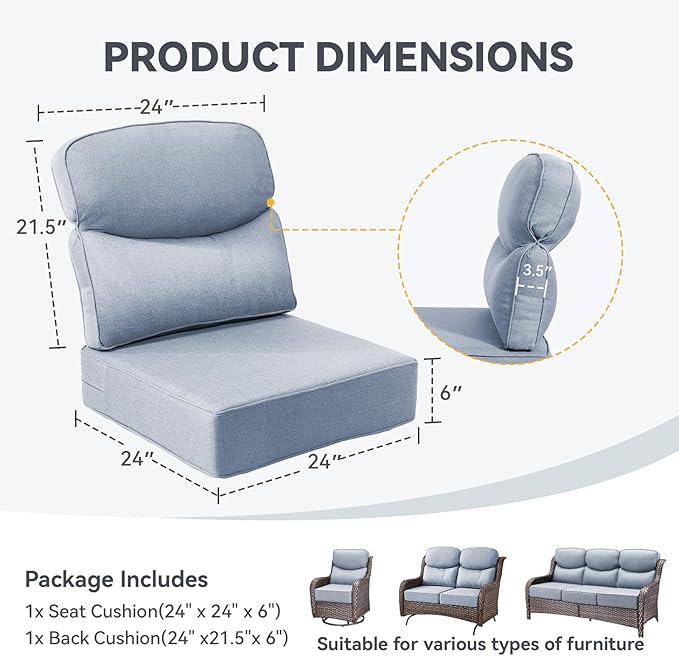 Luxury 6-Inch Outdoor Chair Cushions - 24"* 24" Patio Furniture Cushions with Dual Layer Back Support & Removable Cover, 28D High Density Sponge Patio Cushion for Outdoor Furniture Couch Baby Blue