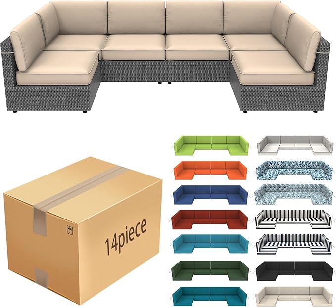 14 Pcs Outdoor Replacement Cushions for Patio Furniture, All Weather Water Resistant Cushion for 6 Seat Rattan Wicker Sectional Patio Conversation Sets and Couch (Khaki)