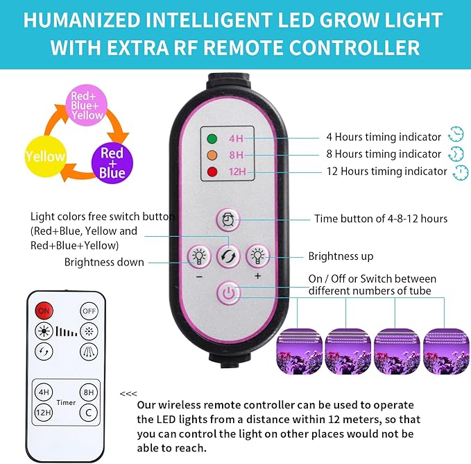 7.8'' Growing Lamp for Indoor Plants, Red & Blue & Yellow Full Spectrum, LED Grow Light Strips with 4/8/12H Timer,10 Dimmable Levels for Green House Succulent,4 Head