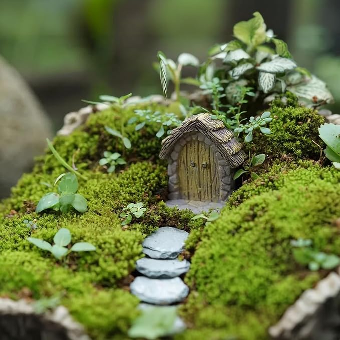 Fairy Door.Miniatue Fairy Tiny Circular Arch Door Figurines.Fairy Garden Supplies.Terrarium/Aquarium Accessories.DIY Miniature Garden.A Door and 3Pcs Steppings. (Thatched Hobbit Door)
