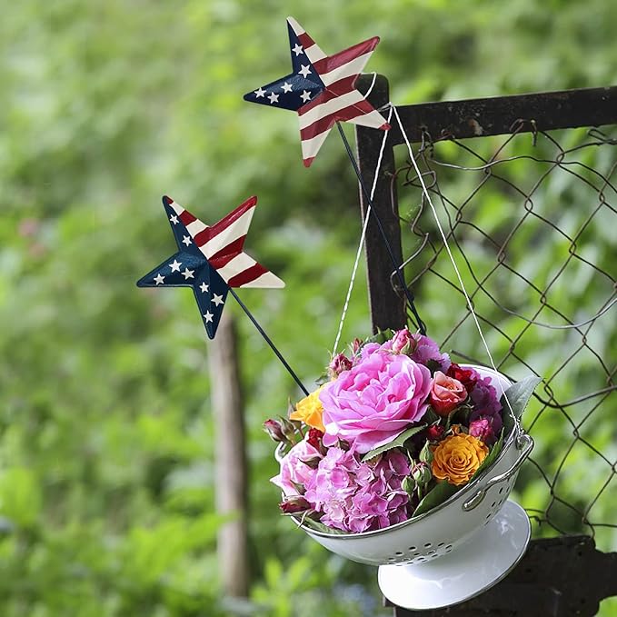 6set 12"H Metal American Star Barn Yard Sign, Patriotic Metal US Flag Star Barn Garden Stake for Planter Pot Walkway Pathway 4th of July Decor Memorial Day Outdoor Lawn Decorations