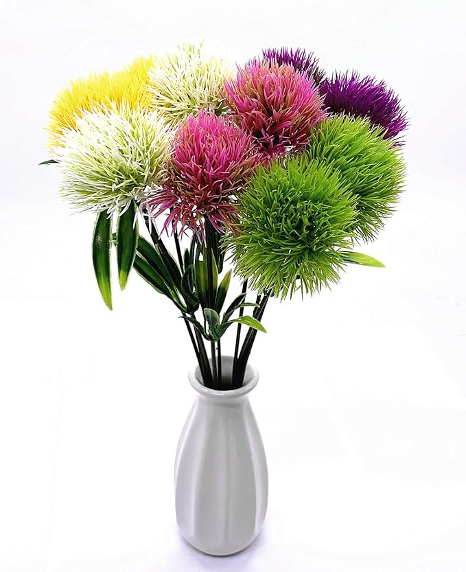 CATTREE Artificial Dandelion Flowers 5 Color x 2pcs Purple Pink White Green Yellow - Total 10 Pcs. Plastic Plants Shrubs Bushes Fake Grass Wedding Indoor Outdoor Home Garden Decoration Planter Filler