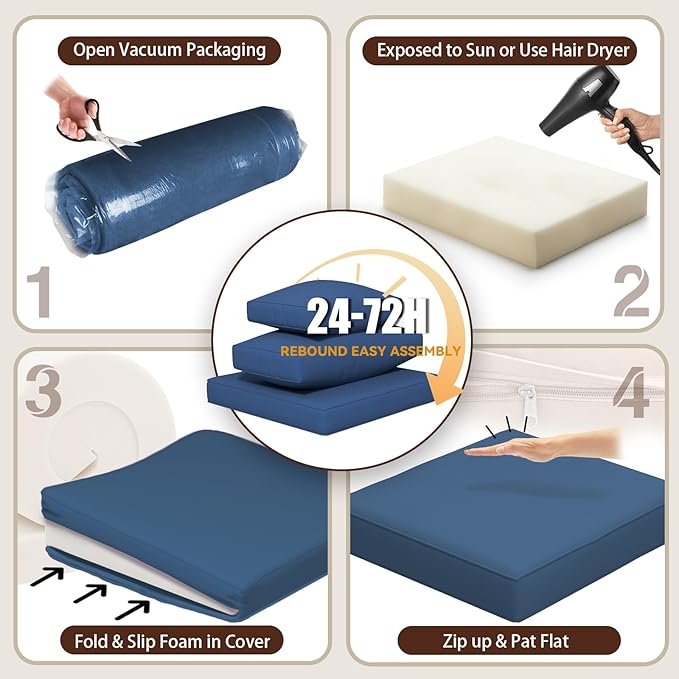 14 Pieces Replacement Patio Cushion for Outdoor Sectional Furniture, Waterproof Outdoor Cushion for 6-Seat Wicker Patio Sofa Sets, 3.2'' Thick with 25D Foam (Blue, 25.2x25.2 Inches)