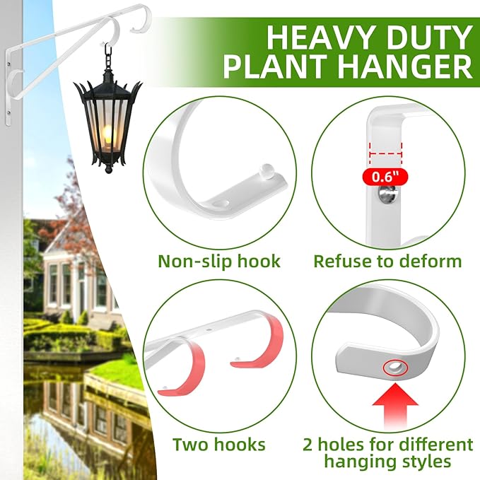 Plant Hangers Outdoor，2 Pack 15.4 Inch Hanging Plant Hooks,Heavy Duty Wall Plant Hanger,Plant Hanger Bracket for Bird Feeders, Planters, Lanterns, Wind Chimes, Wihte