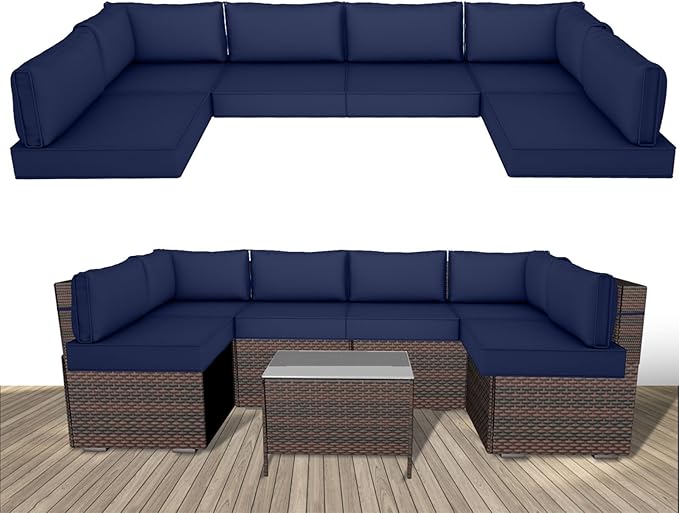 14 Piece Outdoor Replacement Cushions for Patio Furniture, Water-Resistant Sectional Sofa Cushions,Fits 6-seat Sectional Rattan Conversation Set,Liner and Cover (Navy Blue)