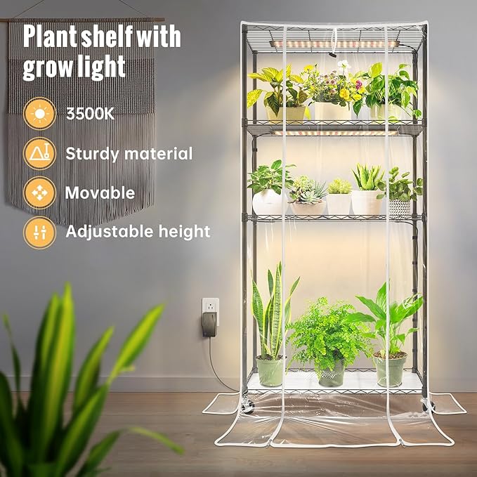 Indoor Greenhouse with Grow Light and Shelves - 4 Tier Plant Stand with Grow Light, Zippered PVC Cover and 3 Dimmable 1.8FT 60W Grow Lights with Timer, 30" L X 14" W X 59" H, Black