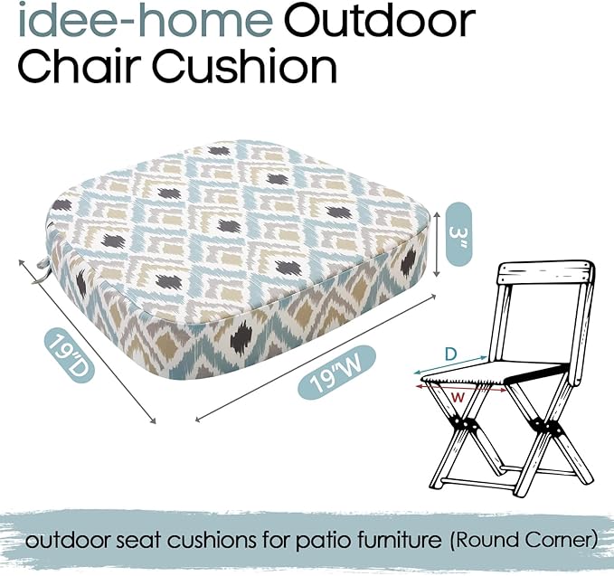 idee-home Outdoor Chair Cushions Set of 2, 19" x 19" x 3" Thick D-Shaped Patio Furniture Outdoor Seat Cushions Waterproof with Ties, Dining Pads