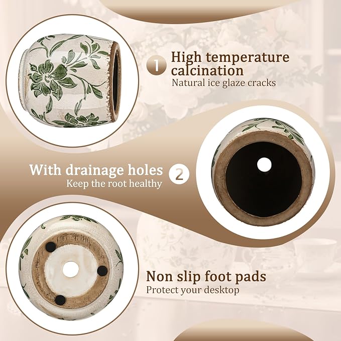 Vintage Ceramic Flower Pot with Ice Crackle Rustic Planter with Drainage Holes for Indoor and Outdoor Decor Home Living Room Garden Decor Gardening Gift(Rustic Style)