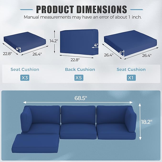 Oakcloud Oakmont Outdoor Replacement Cushions for Patio Furniture,Water-Resistant Cushion for Patio Conversation Set,9-Piece Cushions for 4-seat Outdoor Sectional Sofa(Dark Blue)