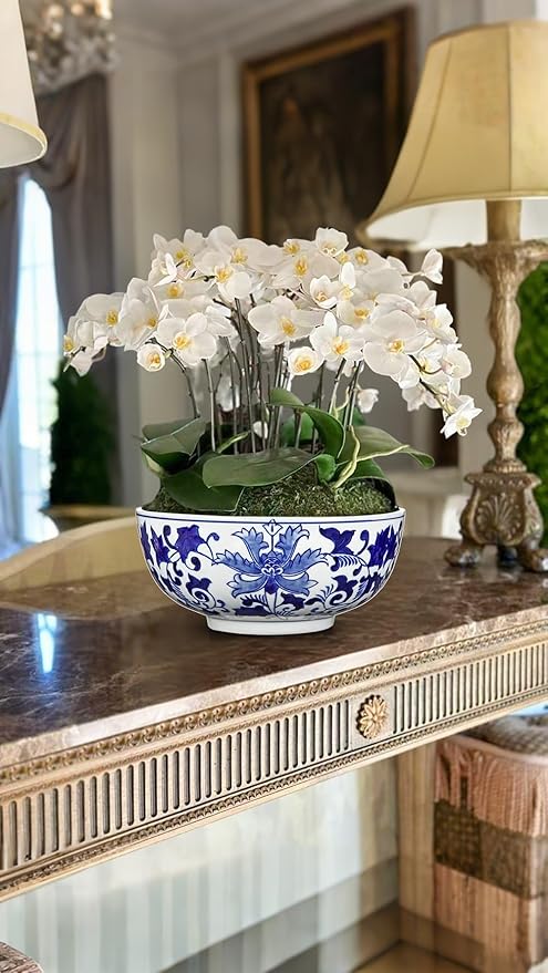 Hollyone Blue and White Vase Porcelain Planters 7 Inch Garden Bowl Modern Ceramic Pots Classic Chinese Floral Vase for Indoor Outdoor Succulents Bonsai Fairy Gardens Herbs