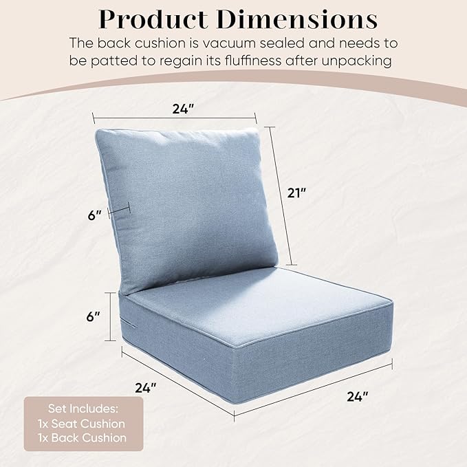 Outdoor Seat Cushion Set-24 x 24 x 6 Inch Outdoor Chair Cushions with Water Resistant & Removable Cover Outdoor Cushions for Patio Furniture Chair Sofa Couch-Sky Blue