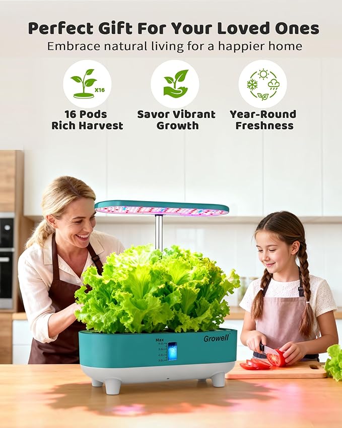 Hydroponics Growing System Kit, 16 Pods, Vertical 8L Indoor Gardening System for Herb Vegetable Fruit, with LED Grow Light, Smart Water Circulation, 3 Light Modes & 2 Timer, Green