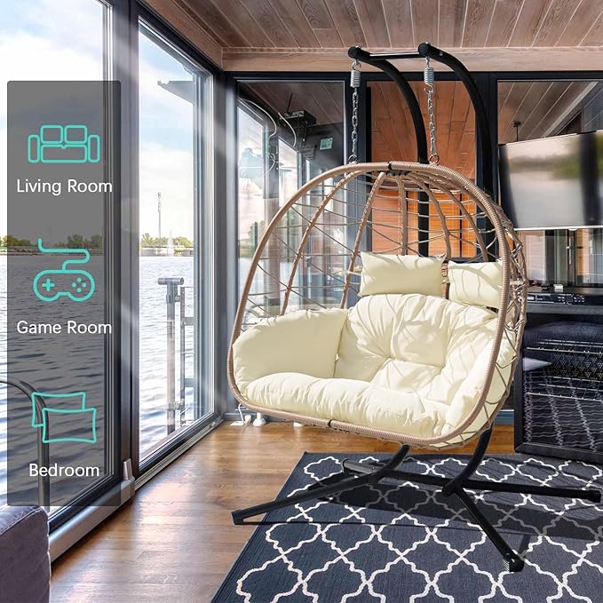 Hanging Egg Chair with Stand Indoor Swinging Chair Outdoor Hammock Egg Chair for Patio, Bedroom, Garden and Balcony (Milky White, Large)