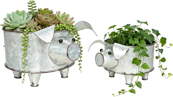 Galvanized Metal Pig Succulent Planter Farmhouse Pig Shaped Bowl Metal Pig Tray Rustic Decor Set of 2