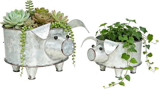 Galvanized Metal Pig Succulent Planter Farmhouse Pig Shaped Bowl Metal Pig Tray Rustic Decor Set of 2