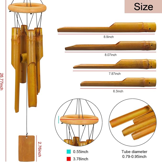 Wind Chimes for Outside, Sympathy Wind Chimes Bamboo Windchimes Outdoors with Natural Sounds, Gifts for Mom, Indoor Outdoor Decorations for Patio Porch Garden and Backyard