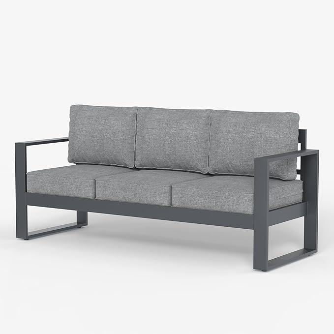 LayinSun Outdoor Patio Aluminum Sofa, Metal Modern 3-Seat Couch with Washable Thick Cushions