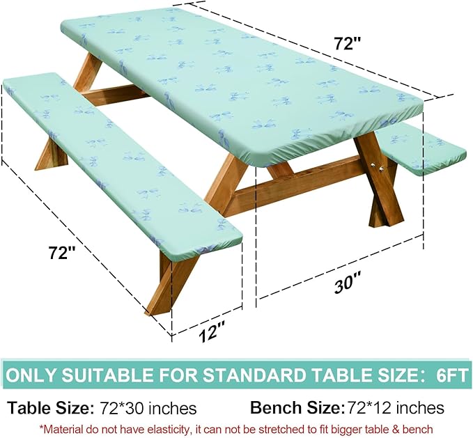 Play Tailor Picnic Table Cover with Bench Covers Camping Essentials Waterproof Windproof Camping Tablecloth with Drawstring Bag, Fitted Rectangle Tables and Seats, 72in, Blue Bow