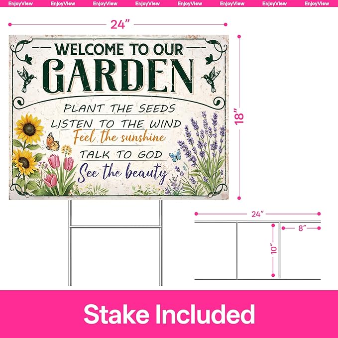 Funny Garden Sign with H Stake 24"x18" Large Vintage Sign for Outside Greenhouse Corrugated Plastic Yard Decor Gardening Gifts for Women " WELCOME TO OUR GARDEN"
