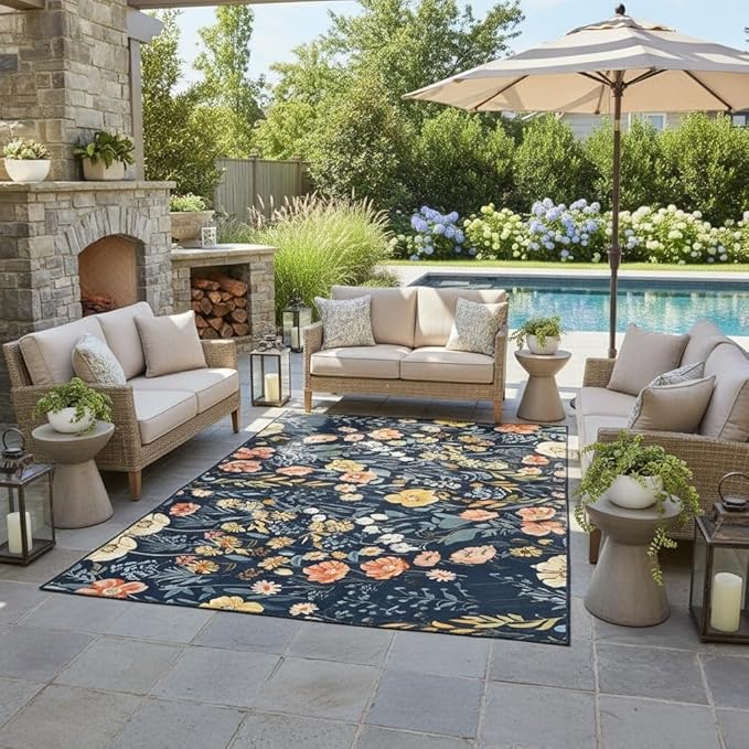 Vintage Country Rustic Floral Outdoor Rug for Patio Balcony Deck Porch Camping Machine Washable Waterproof Garden Backyard Outside Carpet 10x14 Boho Blue Pink Yellow Flower Area Rugs Easy Clean Mat