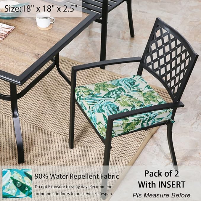 Outdoor Chair Cushions 18x18 Inch,Set of 2,Water Resistant Chair Pads with Ties,Square Seat Cushion 18"x18"x2.5",Patio Chair Cushion for Garden,Backyard Furniture(Palm Leaf)