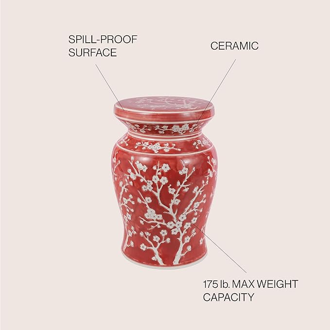 JONATHAN Y TBL1017B Cherry Blossom 17.75" Ceramic Indoor/Outdoor Garden Stool Coastal, Contemporary, Transitional, Patio, Garden Room, Bathroom, Living Room, Red/White