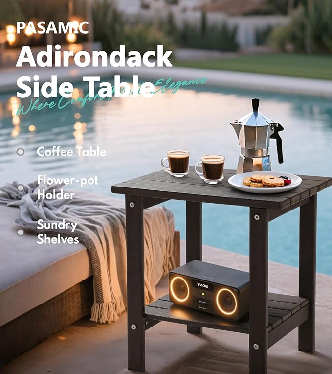 PASAMIC 2-Tier Adirondack Square Outdoor Side Table, HDPE Small Outdoor Table, Patio End Table for Patio, Pool, Backyard, Weather-Resistant (Brown)
