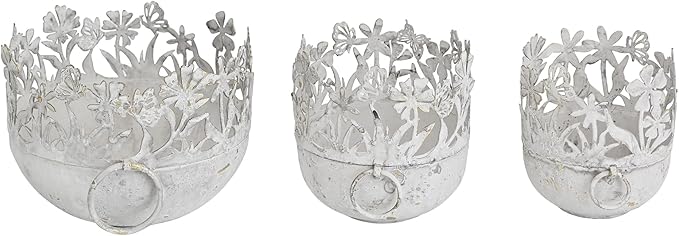 3 Piece Vintage Metal Pots Set,Rustic Distressed Garden Planter Plant Buckets with Handles Farmhouse Floral Containers for Indoor Outdoor Home Gardening Tabletop Centerpieces Wedding Decor White