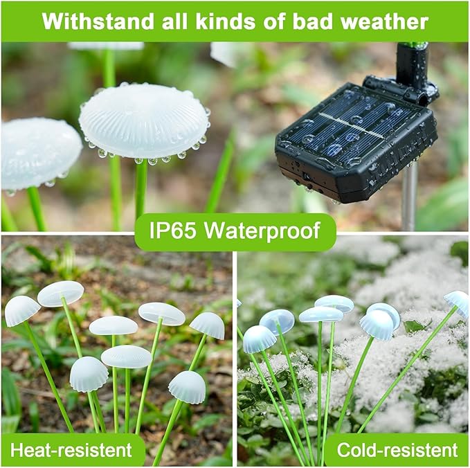 4 Pack Solar Garden Lights, 32 LEDs Swaying Mushroom Lights with 8 Lighting Modes, IP65 Waterproof Outdoor Decor for Garden, Yard, Patio, Pathway (Multicolor)