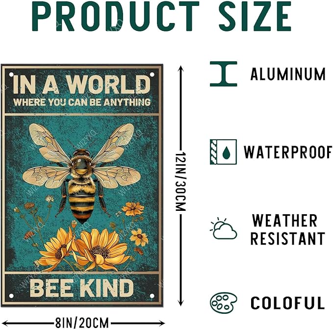 Floral and Bee Metal Signs In A World Where You Can Be Anything Funny Vintage Tin Sign Retro Wall Decor for Bee Lovers Room 8×12 Inches