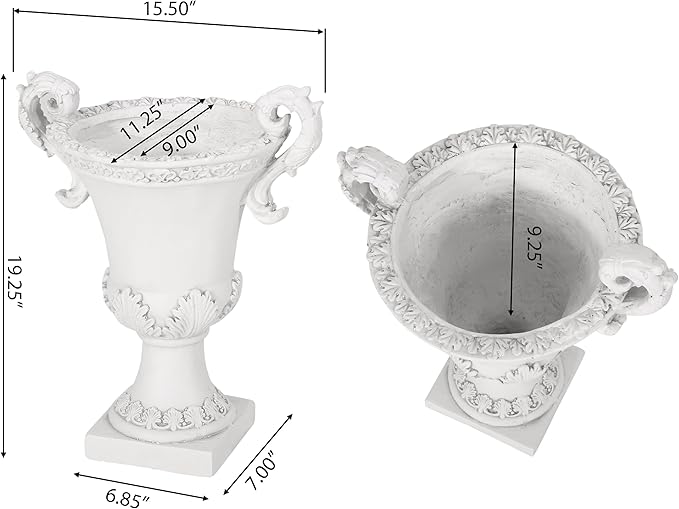 Merax 19.25'' Tall Elegant Roman Style Lightweight Concrete Planter with Botanical Accents, Square Indoor Outdoor Flower Pot with Drainage Hole & Stopper, White