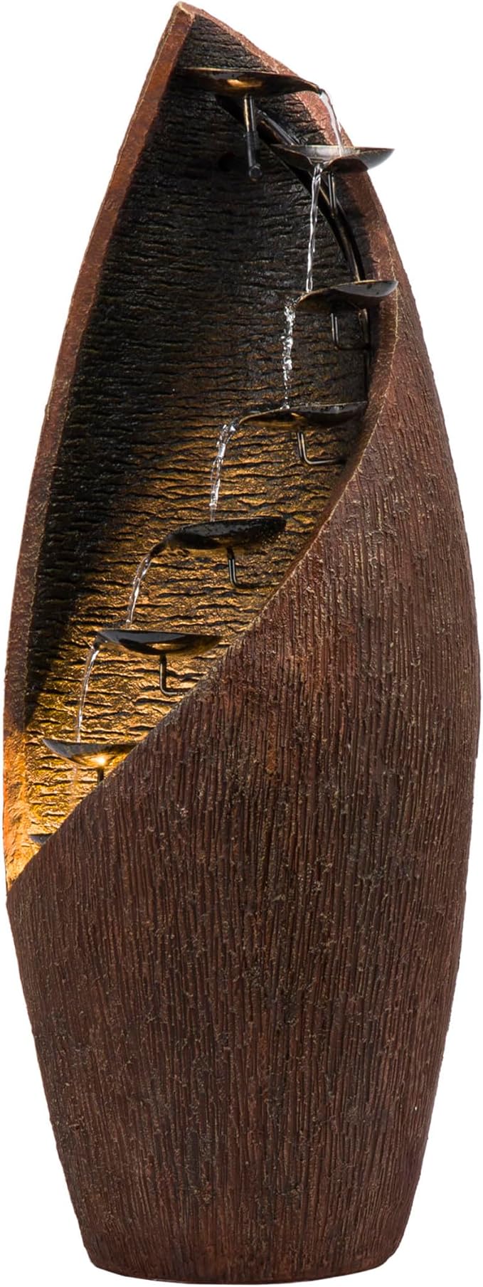 Alpine Corporation 43" Tall Outdoor Floor Contemporary Tiered Bronze Metal Water Fountain with LED Lights, Stylish Outdoor Water Feature for Garden and Patio Decor, Brown