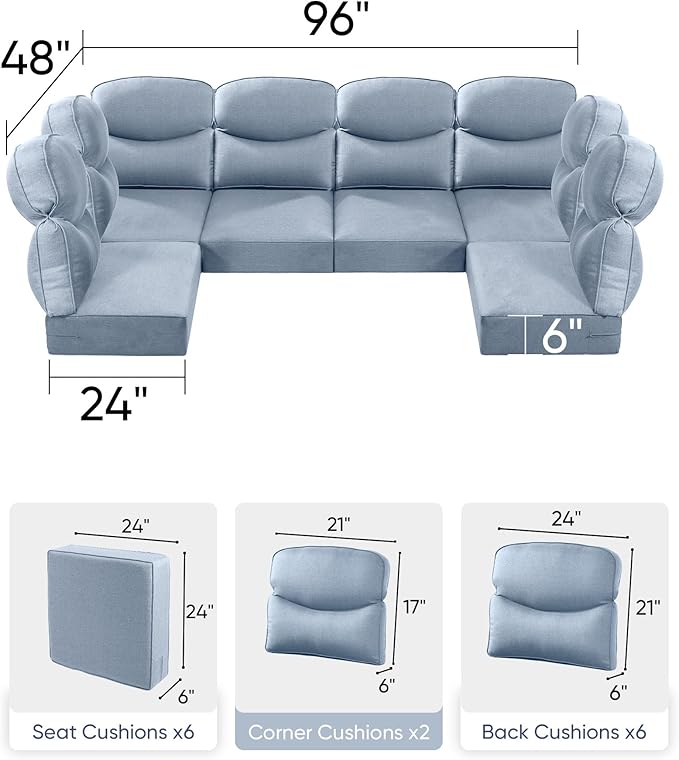 Luxury 24x24x6 Outdoor Seat Cushions for 6-Seat Sectional Sofa Set of 6 - Water-Repellent 14-Piece Patio Cushion Set for Outside Wicker Loveseat Chair L-Shape Couch - Baby Blue/Smile