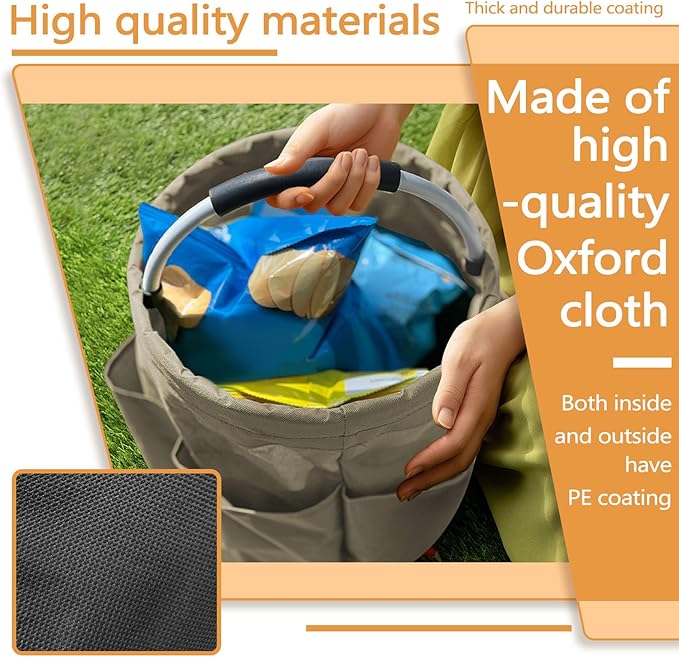 Khaki 17 L Picnic Garden Tool Bag with 6 Pockets, Foldable Bucket Organizer for Storage Camping Home Cleaning Products, Portable Garden Caddy Tote with Handle Harvest Basket (Khaki)