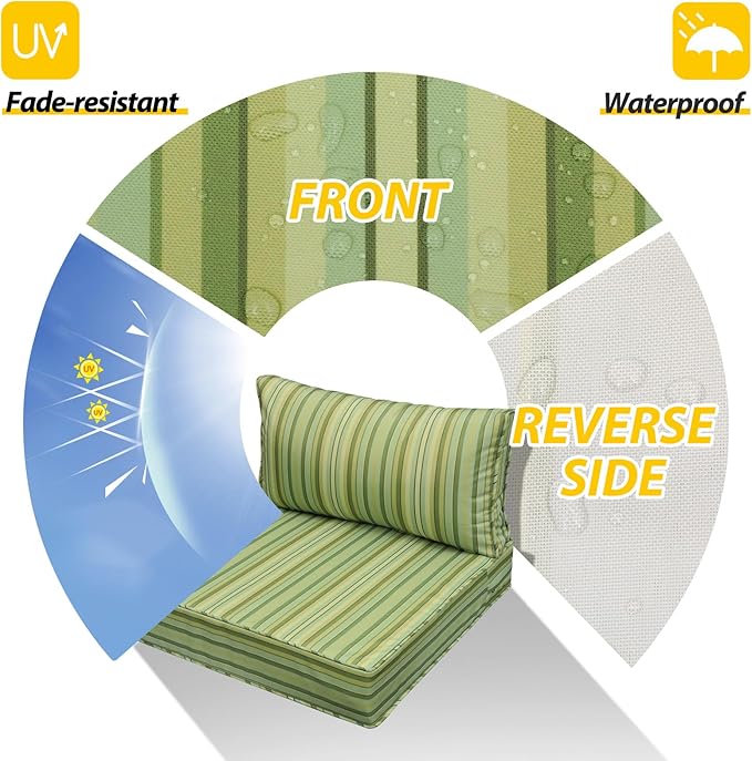 AAAAAcessories Outdoor Seat Cushions for Chairs, Fade-Resistant, Waterproof Patio Furniture Replacement Cushions, 25.5" x 25.5" x 5" + 25.5" x 13.5", Mossy Forest Stripe