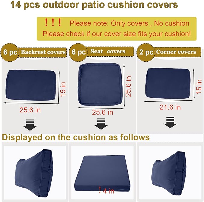 14 Piece Outdoor Patio Cushion Cover Replacement, Waterproof Patio Cushion Covers, Outdoor Furniture Cushion Covers Set for 6 Seat Wicker Rattan Sofa (Navy Blue)
