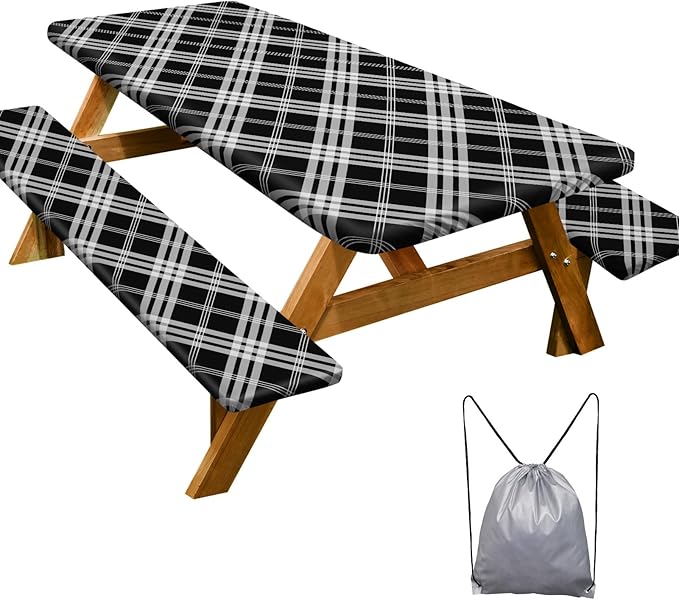 Picnic Table Cover with Bench Covers 6FT 3 Pcs Waterproof Windproof Aesthetic Camping Tablecloth with Drawstring Bag, Fitted for 6 Foot Rectangle Tables and Seats, 72 inch, Black Grey Checkered