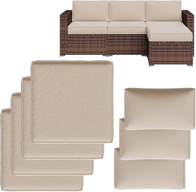 Replacement Cushions for Outdoor Furniture, 7-Piece Outdoor Cushions for Patio Furniture, Deep Seat, Waterproof & Fade Resistant Couch Cushion for 4-Seat Patio Conversation Sets, Beige