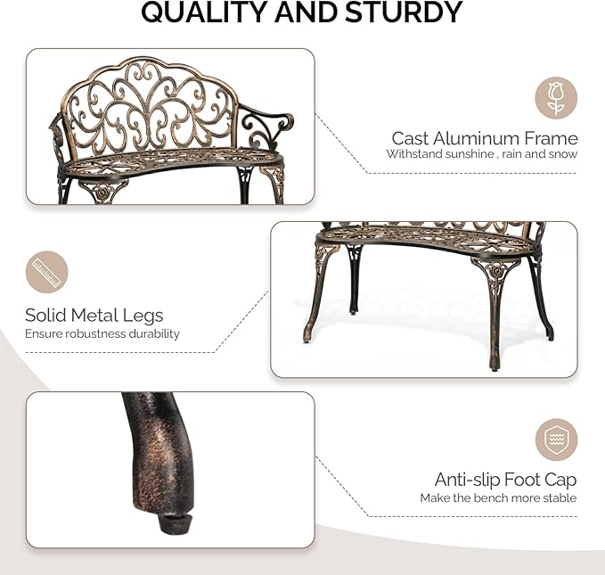 VINGLI 38.5" Patio Park Garden Outdoor Metal Rose Bench, 2-Person Cast Iron Cast Aluminium Frame Antique Finish Chair,Accented Lawn Front Porch Path Yard Decor Deck Furniture (Bronze, Butterfly)